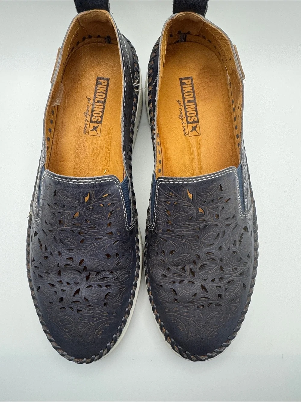 Pikolinos Navy Laser Cut Leather Slip On Loafers Shoes EU 38 US 7.5